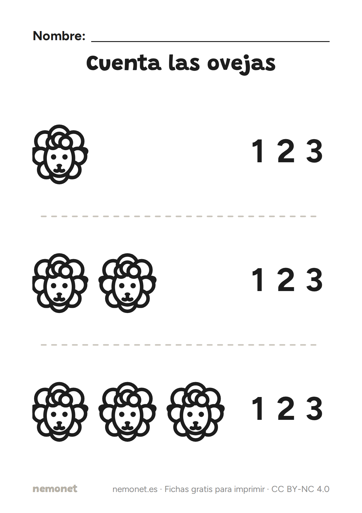 Cuenta las ovejas: ficha en blanco y negro para imprimir en A4