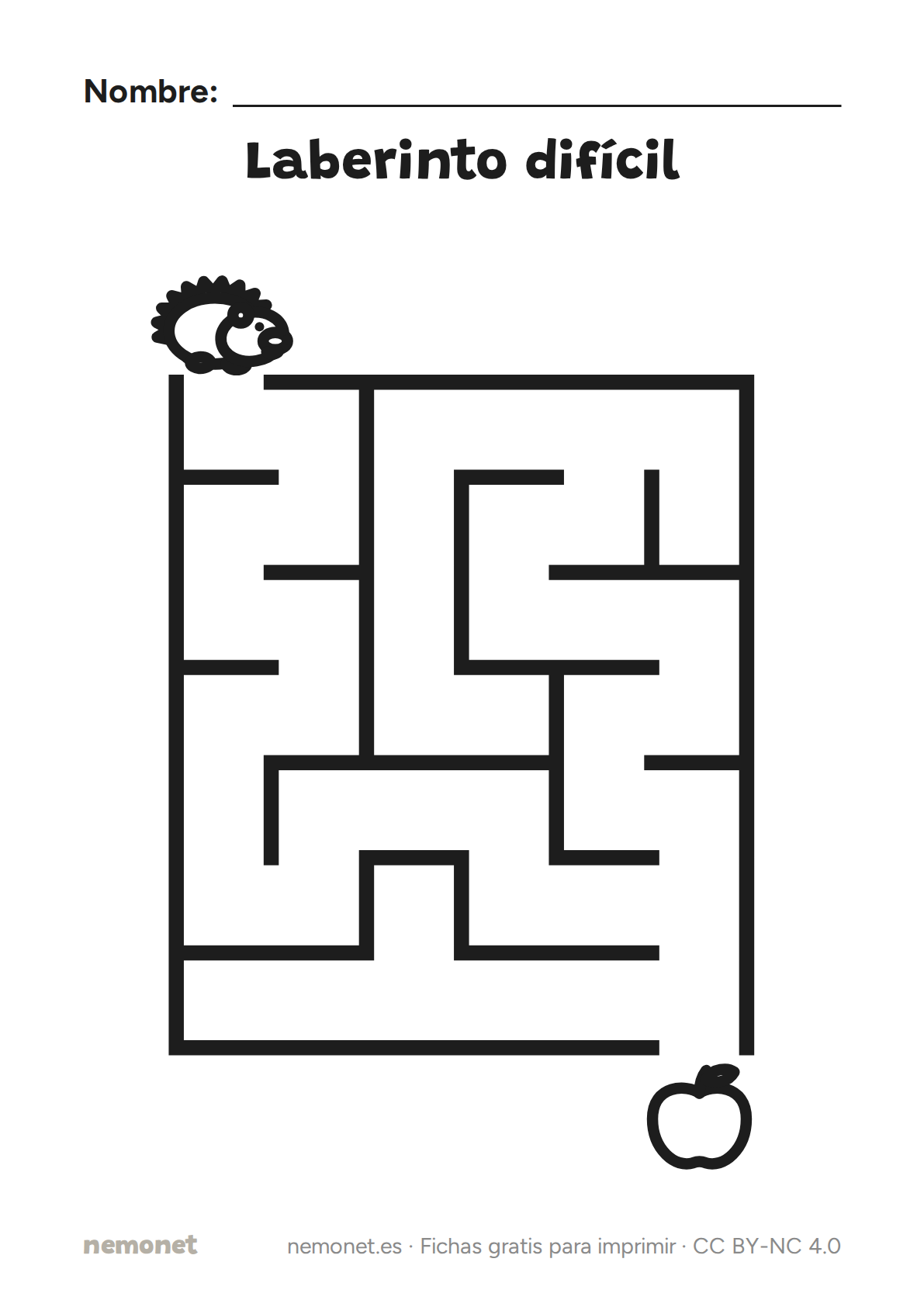 Laberinto difícil: ficha en blanco y negro para imprimir en A4