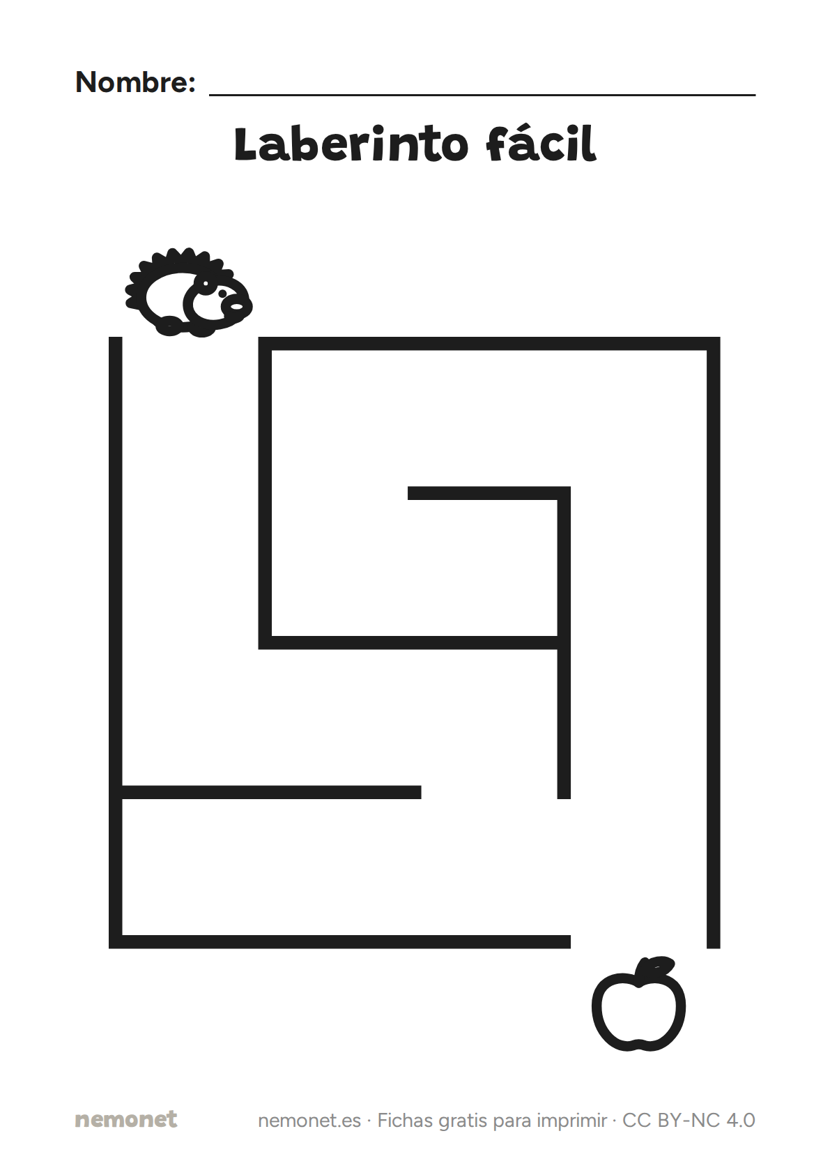 Laberinto fácil: ficha en blanco y negro para imprimir en A4