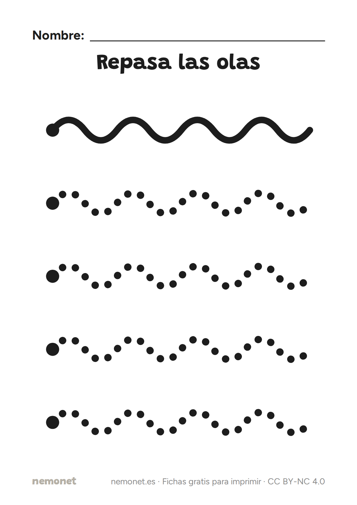 Repasa las olas: ficha en blanco y negro para imprimir en A4