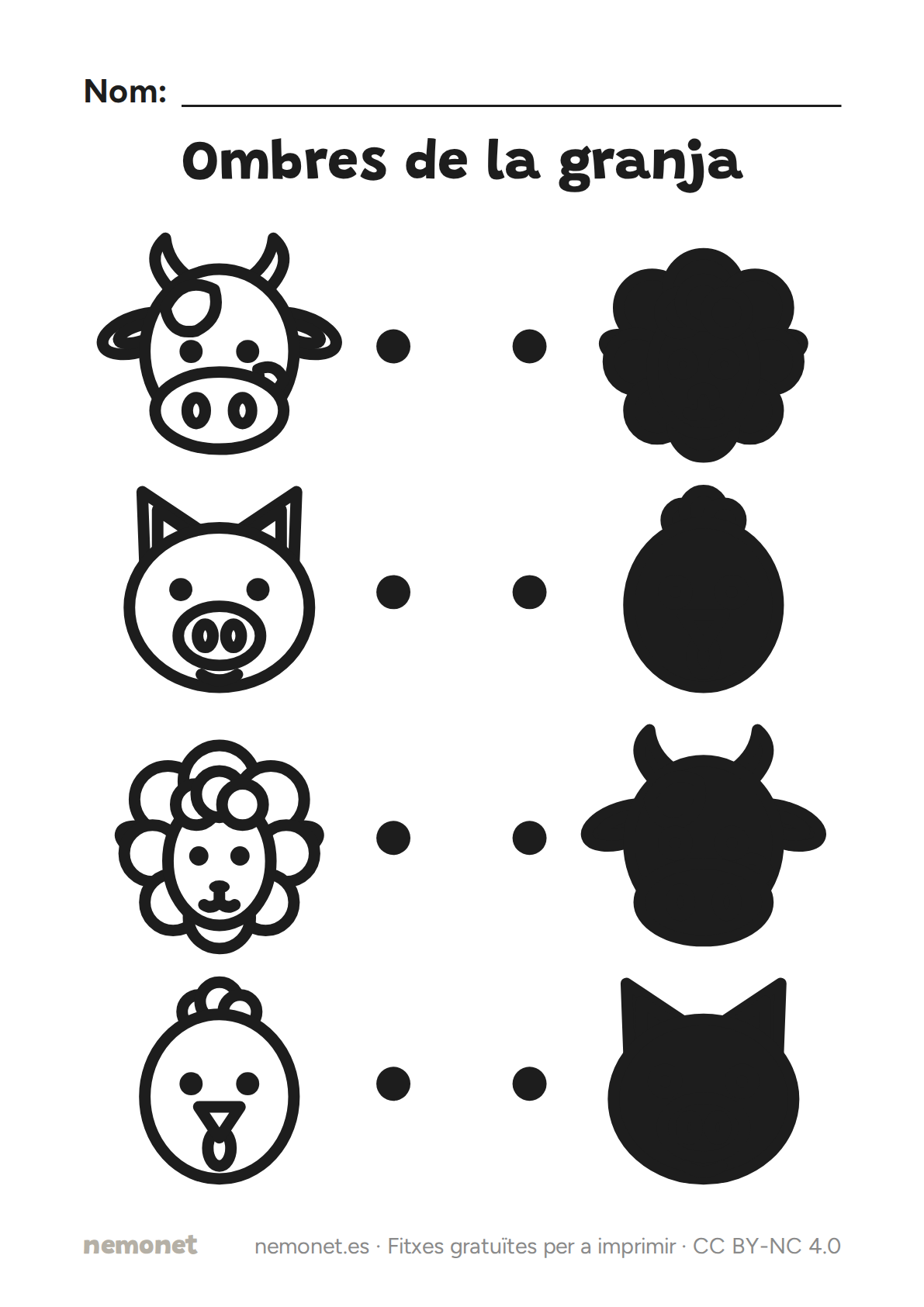 Ombres de la granja: fitxa en blanc i negre per a imprimir en A4